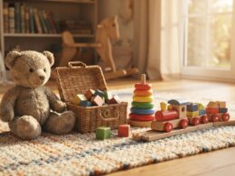 Classic childrens toys including a teddy bear, wooden blocks, and a toy train in a sunlit playroom