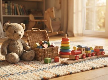 Classic childrens toys including a teddy bear, wooden blocks, and a toy train in a sunlit playroom