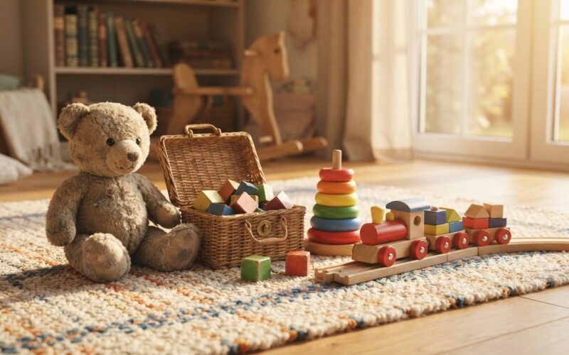 Classic childrens toys including a teddy bear, wooden blocks, and a toy train in a sunlit playroom