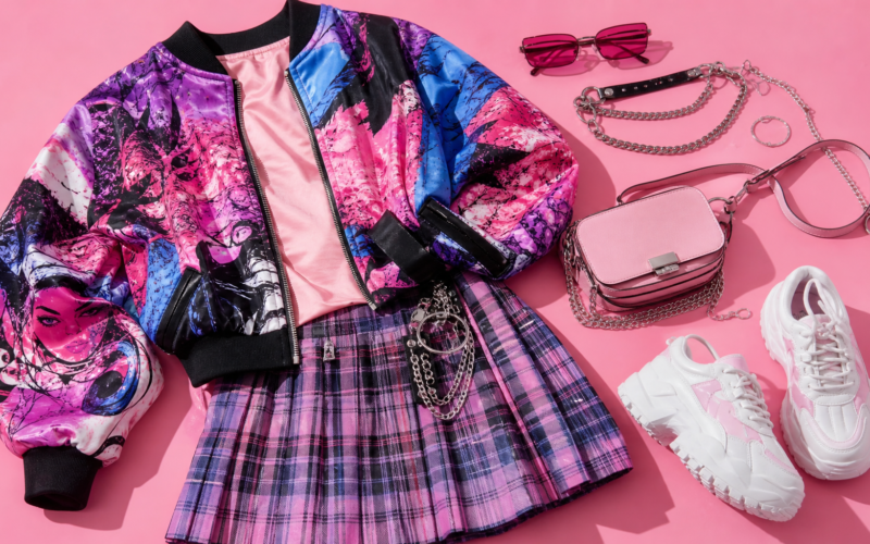 Bold K-pop street style flat lay with a colorful bomber jacket, plaid skirt, and chunky sneakers