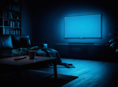 Dim living room at night with a television glowing and a remote on the sofa