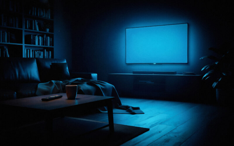 Dim living room at night with a television glowing and a remote on the sofa