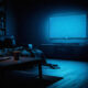 Dim living room at night with a television glowing and a remote on the sofa