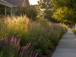 Front yard planted with native prairie grasses and wildflowers in place of lawn
