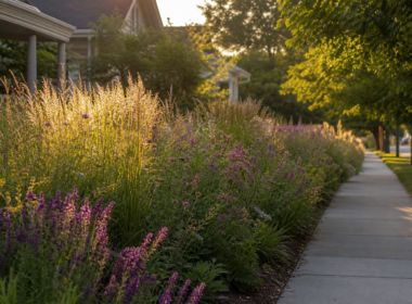Front yard planted with native prairie grasses and wildflowers in place of lawn
