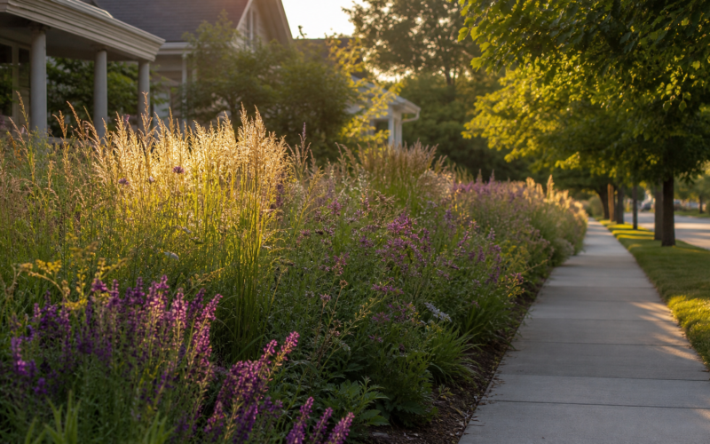 Front yard planted with native prairie grasses and wildflowers in place of lawn