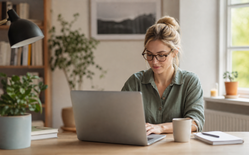 A person working from home at a tidy desk with a laptop and coffee