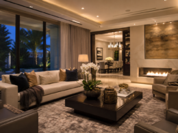 An elegant, high-end-looking living room with sophisticated lighting