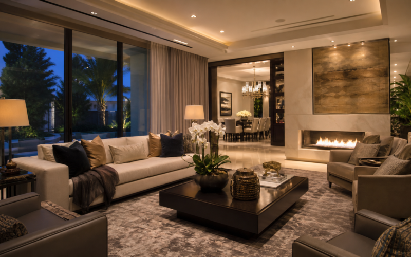 An elegant, high-end-looking living room with sophisticated lighting