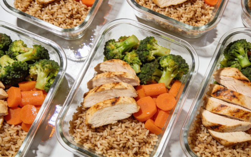 Glass meal prep containers filled with brown rice, roasted vegetables, and grilled chicken on a kitchen counter