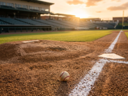Empty baseball infield at dusk with freshly raked dirt and stadium lights coming on