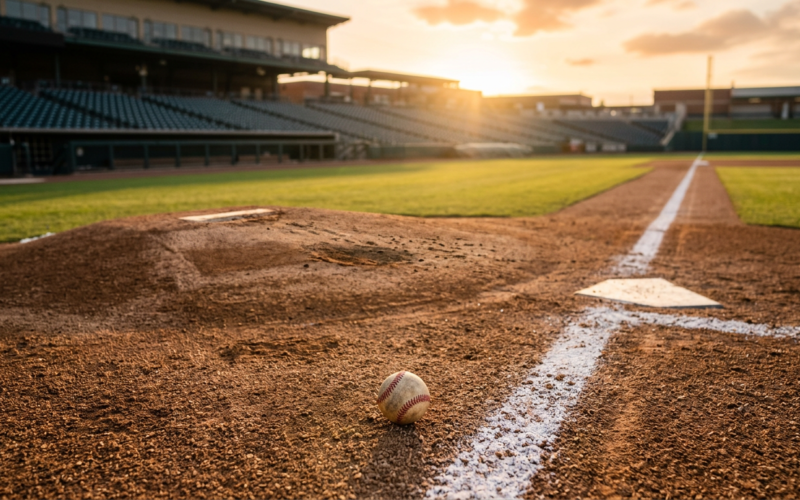 Empty baseball infield at dusk with freshly raked dirt and stadium lights coming on
