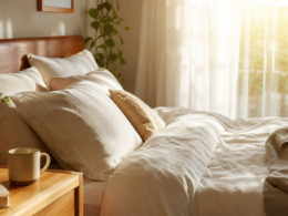 A calm sunrise breakfast scene showing morning routine ideas