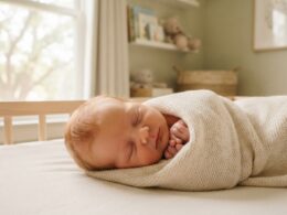 A peaceful newborn baby sleeping in a soft blanket in a bright nursery