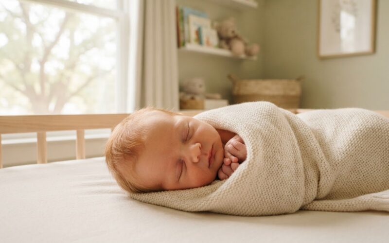A peaceful newborn baby sleeping in a soft blanket in a bright nursery