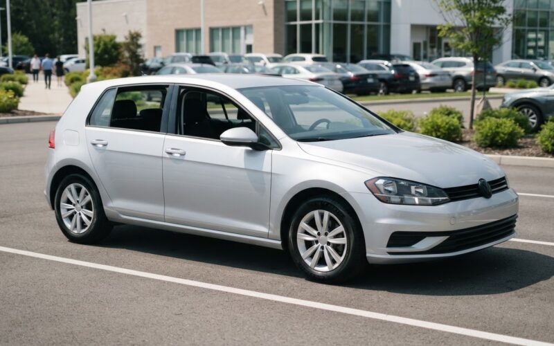 A clean modern used car parked at a dealership in bright daylight