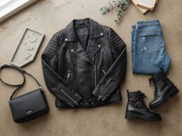 Black leather moto biker jacket styled in a flat lay with denim, boots, and a handbag