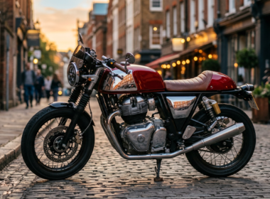 Sleek red cafe racer motorcycle parked on a cobblestone street at golden hour
