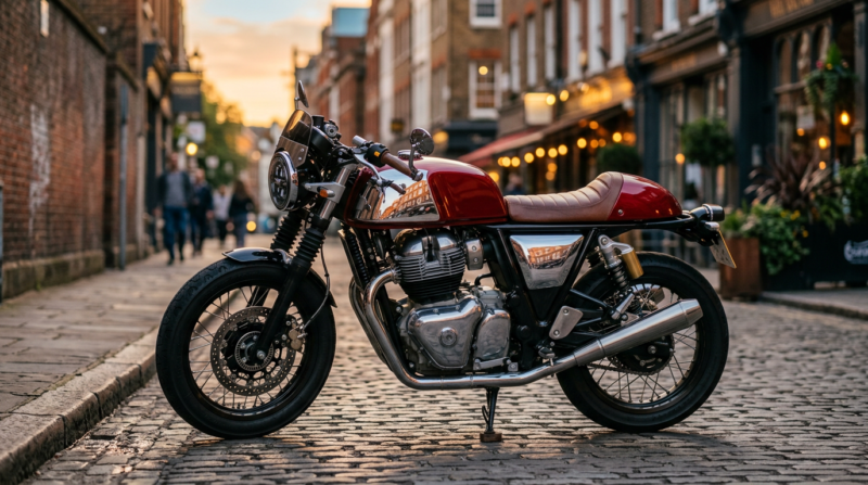 Sleek red cafe racer motorcycle parked on a cobblestone street at golden hour