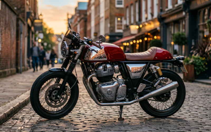 Sleek red cafe racer motorcycle parked on a cobblestone street at golden hour