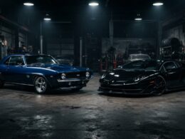 Classic muscle car and exotic sports car in a moody garage, the real cars behind movie heroes