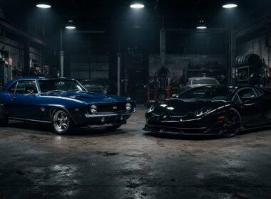 Classic muscle car and exotic sports car in a moody garage, the real cars behind movie heroes