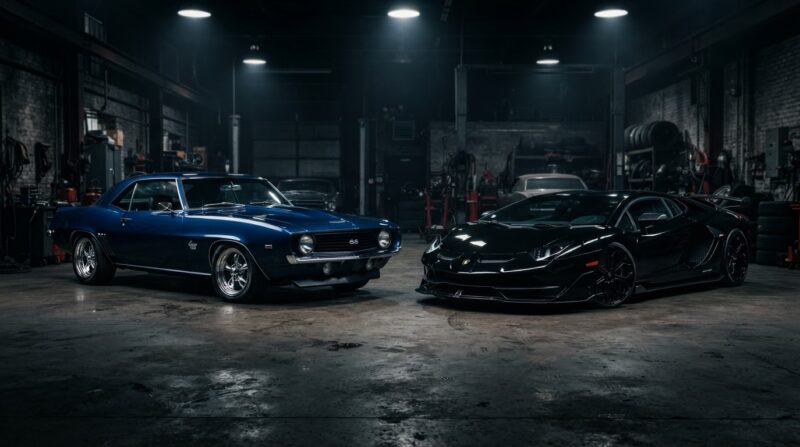 Classic muscle car and exotic sports car in a moody garage, the real cars behind movie heroes