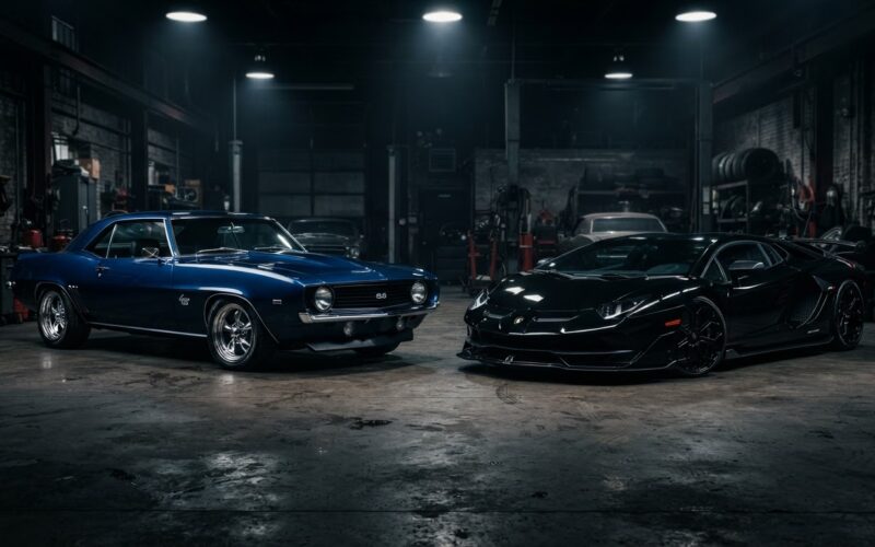 Classic muscle car and exotic sports car in a moody garage, the real cars behind movie heroes