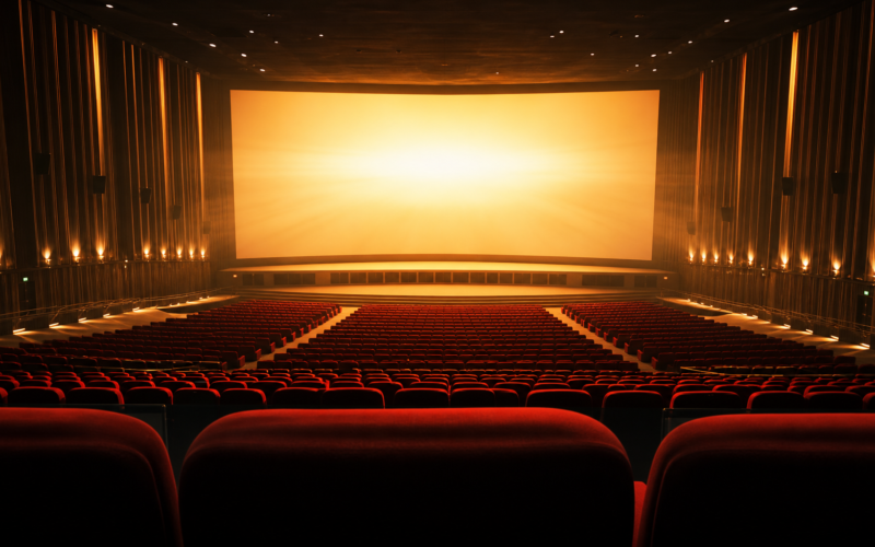 Empty premium large format movie theater auditorium with a bright illuminated screen