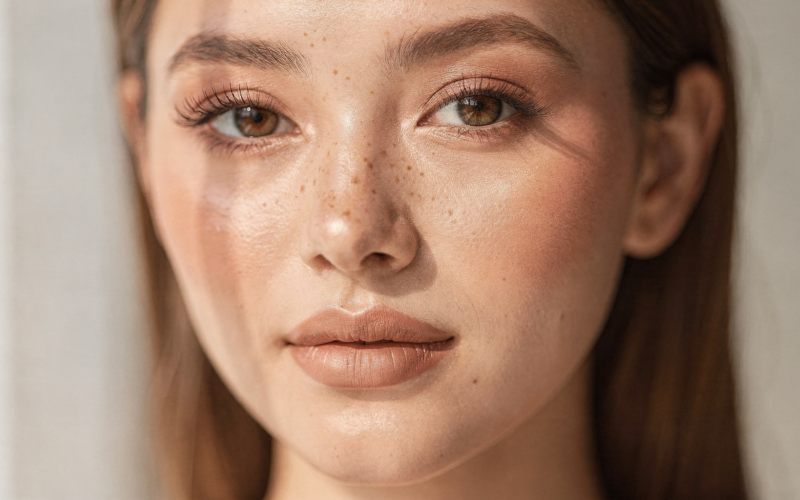 A person with a fresh natural makeup look and soft glowing skin