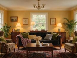 Living room with warm ochre yellow walls, dark walnut furniture, olive velvet cushions and a dusty plum throw