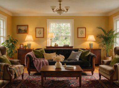 Living room with warm ochre yellow walls, dark walnut furniture, olive velvet cushions and a dusty plum throw