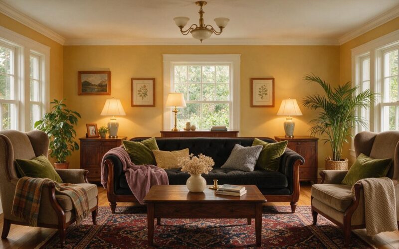 Living room with warm ochre yellow walls, dark walnut furniture, olive velvet cushions and a dusty plum throw