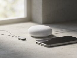 Small voice controlled assistant device on a wooden desk