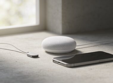 Small voice controlled assistant device on a wooden desk