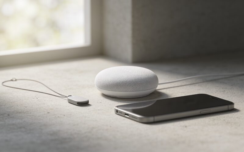 Small voice controlled assistant device on a wooden desk