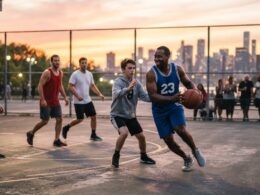 A player stretching before a pickup game for basketball injury prevention