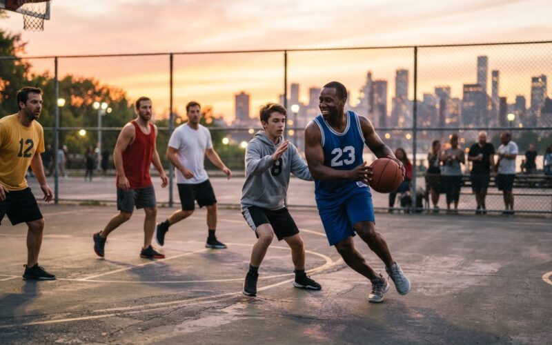 A player stretching before a pickup game for basketball injury prevention