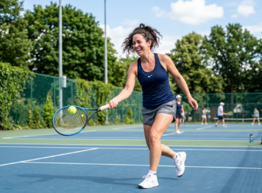 An adult beginner playing a casual sport such as tennis outdoors