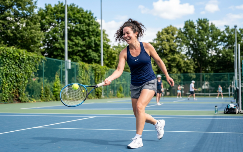 An adult beginner playing a casual sport such as tennis outdoors