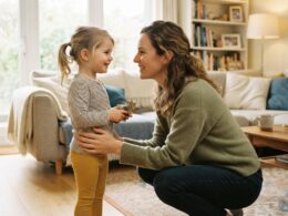A parent kneeling at eye level to talk gently with a young child