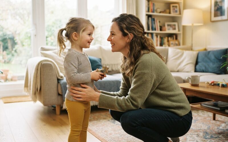 A parent kneeling at eye level to talk gently with a young child