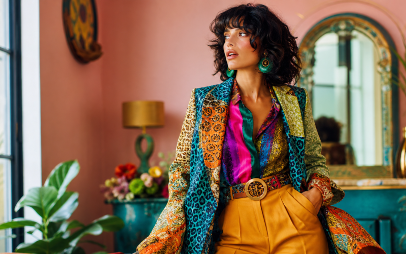 Woman in a bold maximalist colorful outfit as quiet luxury fashion fades