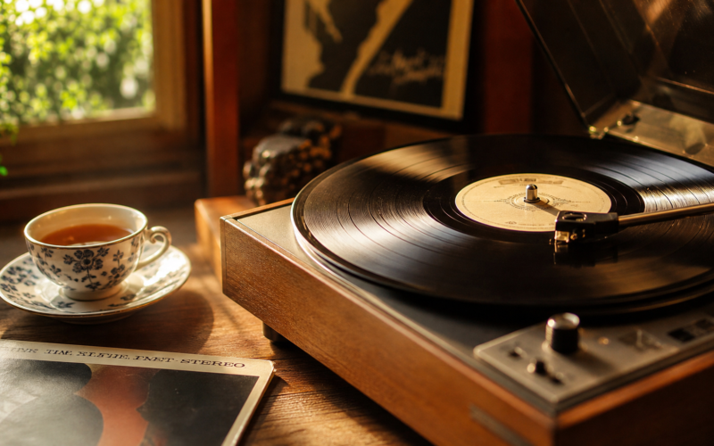 A vinyl record and headphones inviting listeners to rediscover an artists music
