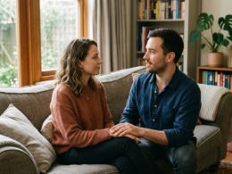 A couple having a calm, honest conversation on a couch at home