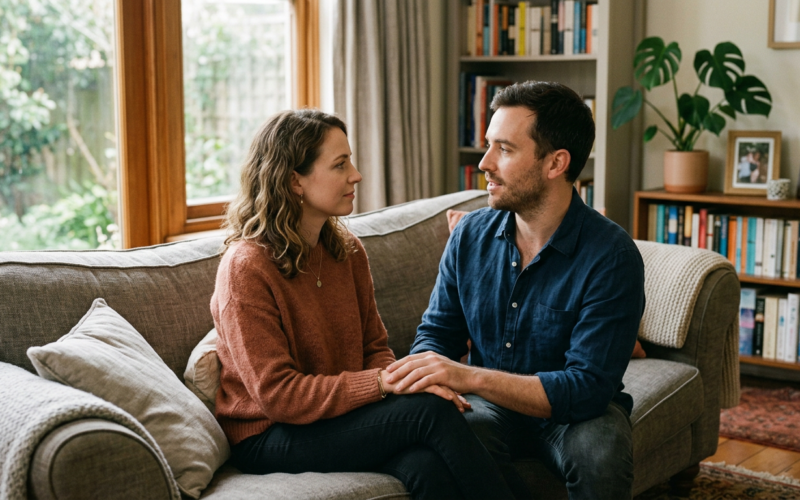 A couple having a calm, honest conversation on a couch at home