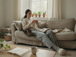 A person peacefully knitting at home to relax