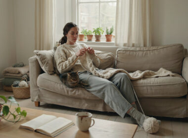 A person peacefully knitting at home to relax