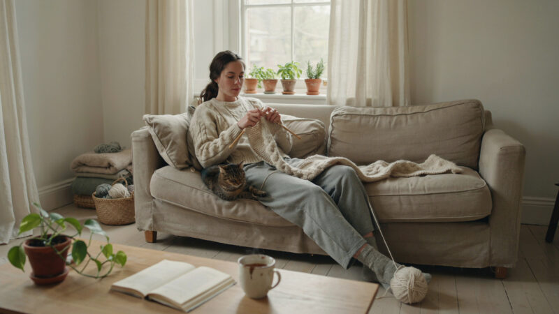 A person peacefully knitting at home to relax