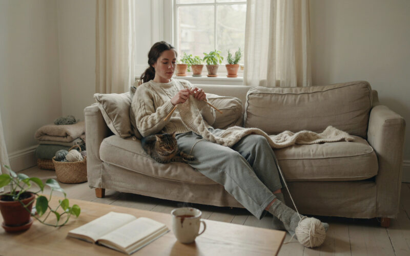 A person peacefully knitting at home to relax